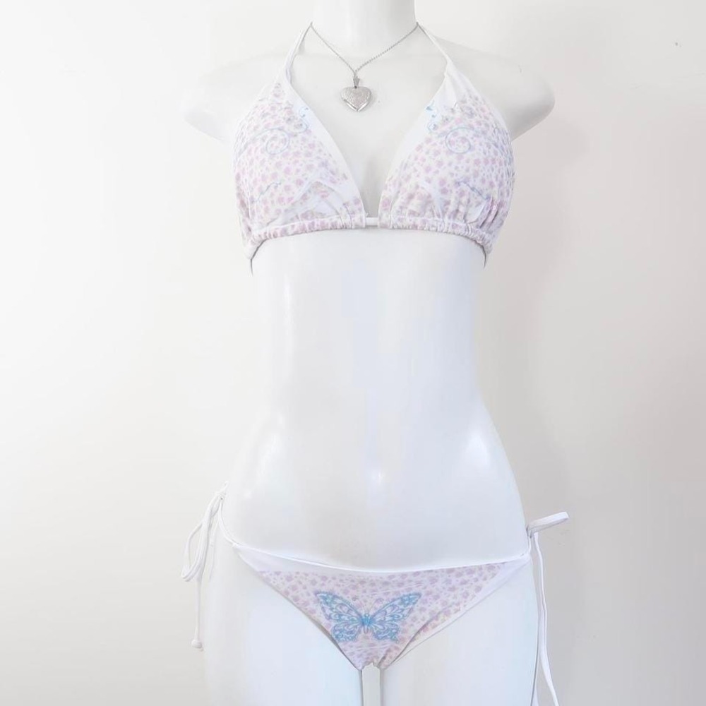 pink lilac floral butterfly string bikini two piece set